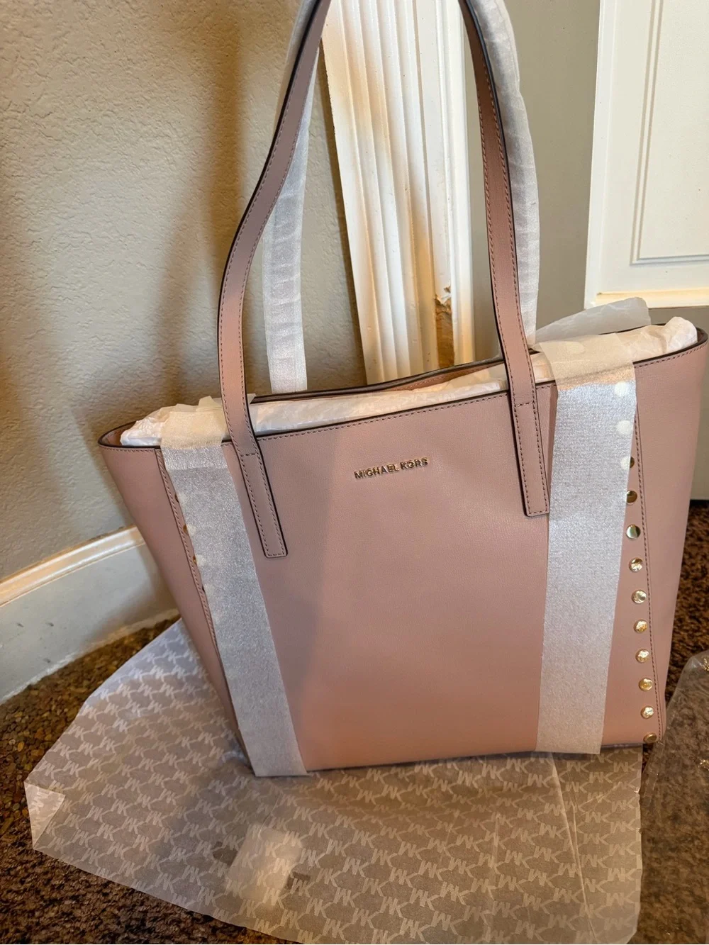 Michael Kors Pink Leather Tote Bag with gold studs